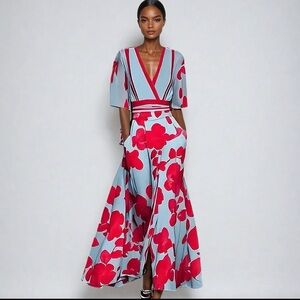 Floral V-Neck Maxi dress in Blue and Red